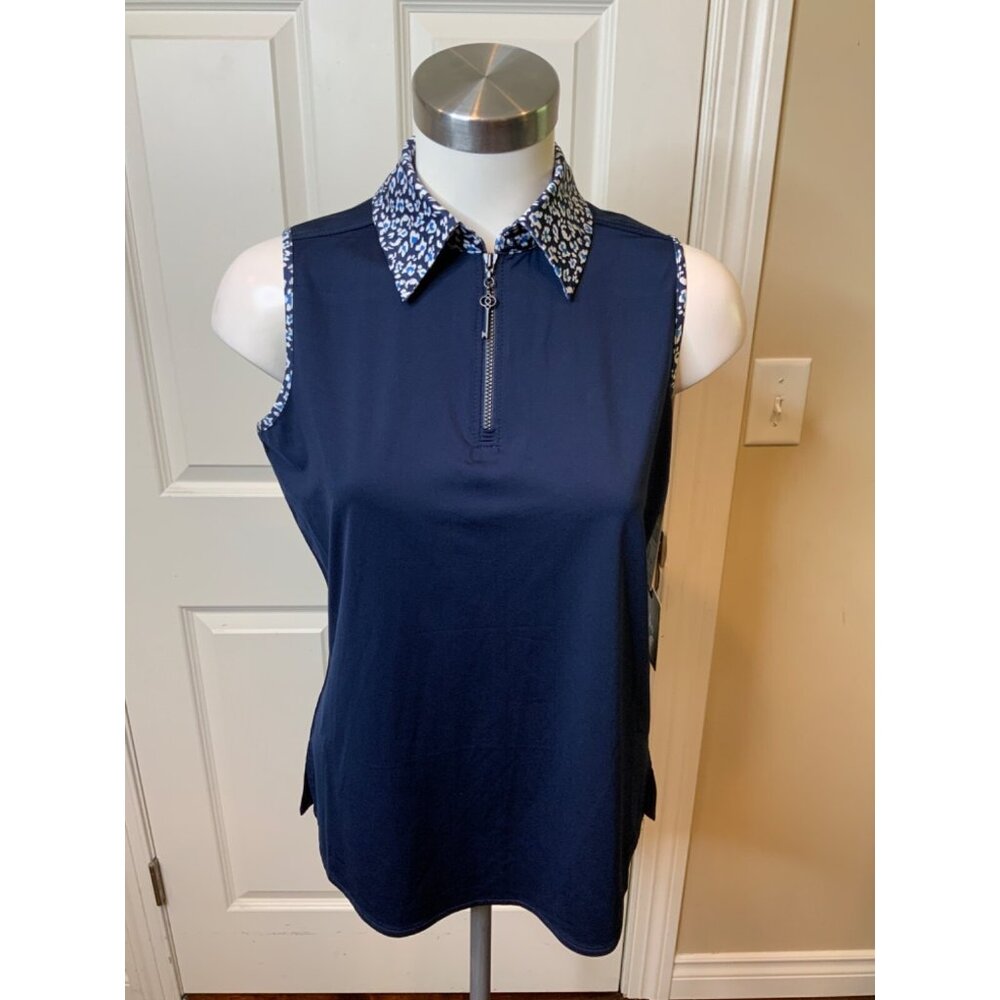 Belyn Key  Navy Blue 1/4 Zip Golf Tank Top W/ Animal Print Trim, Size S, NWT!